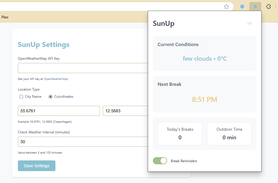 SunUp Chrome Extension Interface